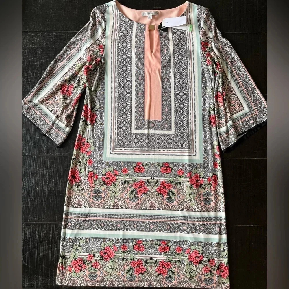 NEW Women's Sandra Darren Floral Paisley Jersey Shift Dress Size 8 Bell sleeve